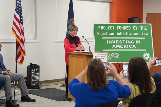 Governor Kelly at a transportation funding announcement earlier this year