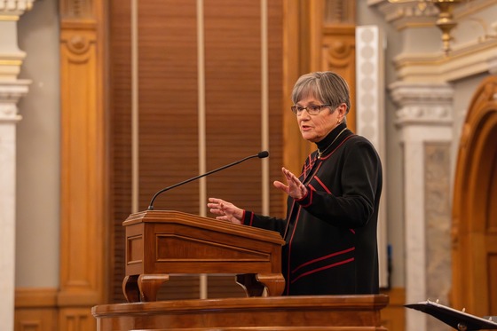 Governor Kelly speaks to a joint session of the Kansas Legislature last month