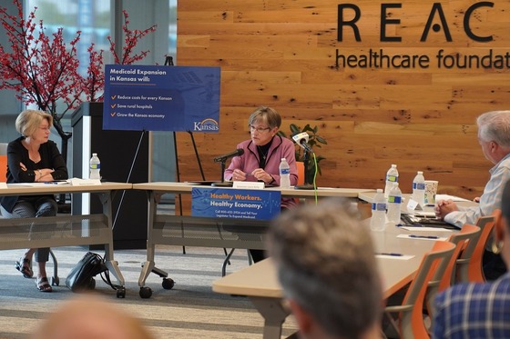 Governor Kelly speaks about the importance of expanding Medicaid at a roundtable last year