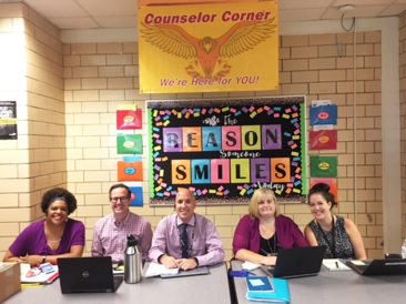 Pictured, from left, are JCPS counselors Strauzie Collins, Ryan Hite, Carlos Rul-lan, Tracy Fussnecker, Jennifer Rul-lan.