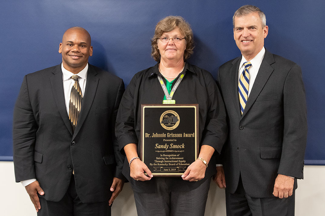 The KBE presented the Dr. Johnnie Grissom Award to Sandy Smock, agriculture teacher for the Kentucky School for the Deaf.