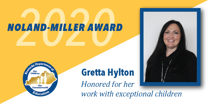 Graphic with a picture of a woman: 2020 Noland-Miller Award. Gretta Hylton honored for her work with exceptional children