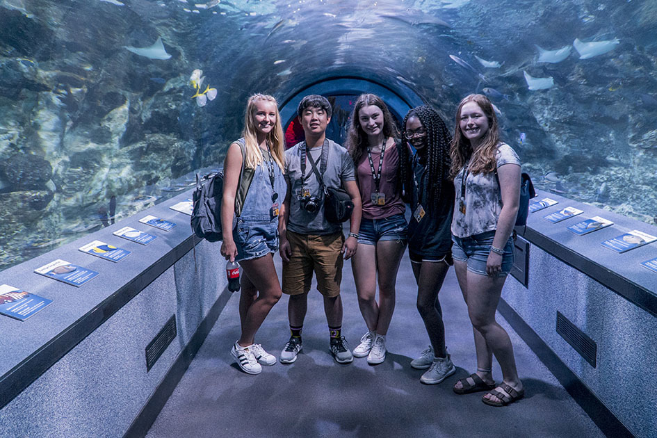 Five students stand in a glass tunnel that goes through the middle of an aquarium.