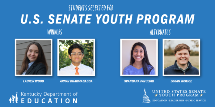 Graphic reading: Students selected for U.S. Senate Youth Program. Winners, Lauren Wood, Arnav Dharmagadda. Alternates Spandana Pavuluri, Logan Justice