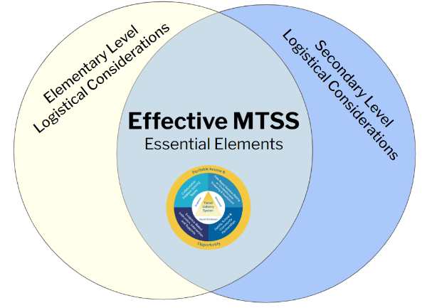 Venn diagram showing there is overlap and unique logistical considerations for implementation at the elementary and secondary levels