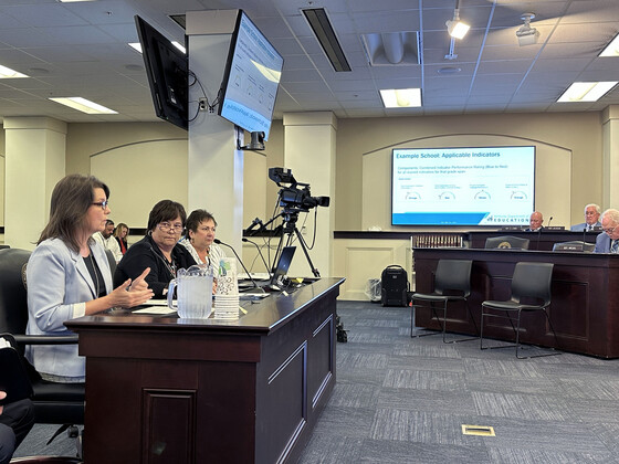 Three women sit and a table to discuss a presentation in front of the Kentucky's Interim Joint Committee on Education