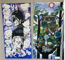 Student artwork: collage of leaves, faces, and popular culture images