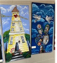 student artwork: picture of a yellow lighthouse, and doves flying in the sky landing on images of popular culture figures