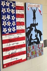 student artwork: image of American flag and shadow images of students working together to achieve a common goal