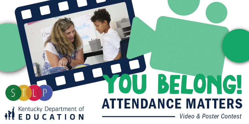 Image depicting a picture of a teacher and student reading You Belong! Attendance Matters video and poster contest packet.