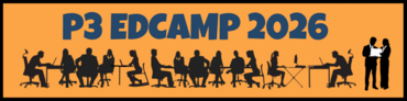 Graphic of a large number of people in shadow working around tables, reading P3 Ed Camp 2026