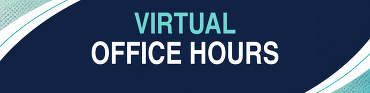 English Learners Virtual Office Hours banner with centered teal and white text on a navy background with sweeping white and teal curves.