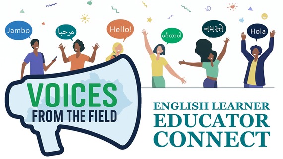Inclusive banner showing diverse educators waving and saying hello in six languages; text reads “Voices from the Field.”