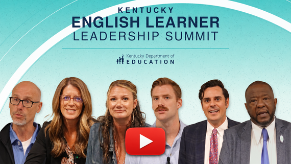 Kentucky English Learner Leadership Summit video featuring six educators and KDE representatives, with a play button at the bottom center.