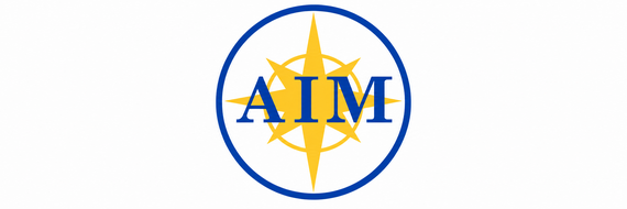 AIM logo featuring blue letters over a gold compass rose within a blue circle.