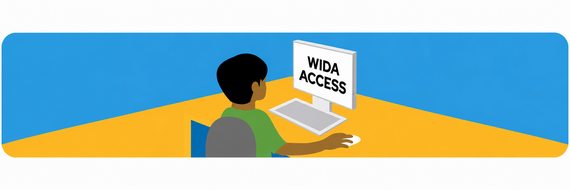 Illustration of a student at a computer displaying “WIDA ACCESS,” with a yellow desk and blue background.
