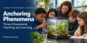 Students and a teacher examine a terrarium in a banner promoting Anchoring Phenomena science professional learning.