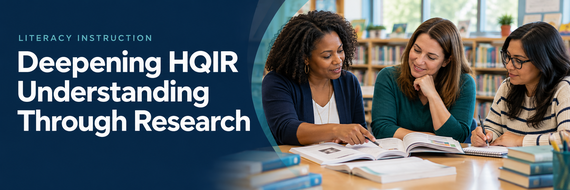 Three educators review literacy resources beside the title “Deepening HQIR Understanding Through Research.”