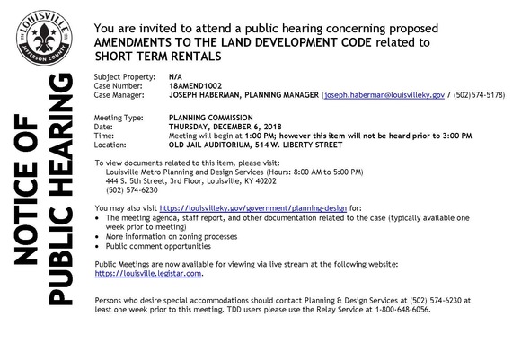 Hearing notice re short term rentals