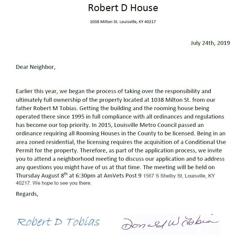 Neighbor meeting re 1038 Milton Street