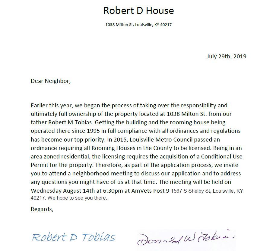 Milton neighbor letter