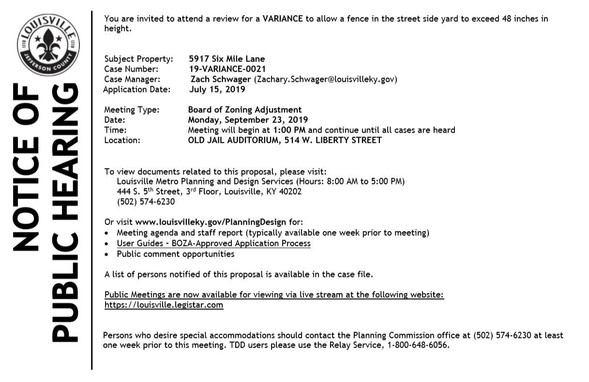 notice for 5917 six Mile Lane