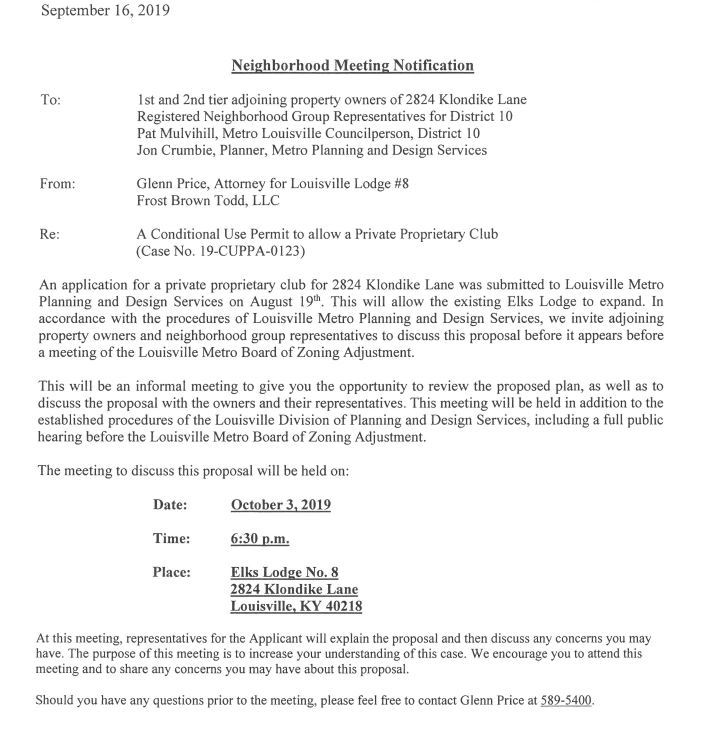 October 3 neighbor meeting re Elks Lodge