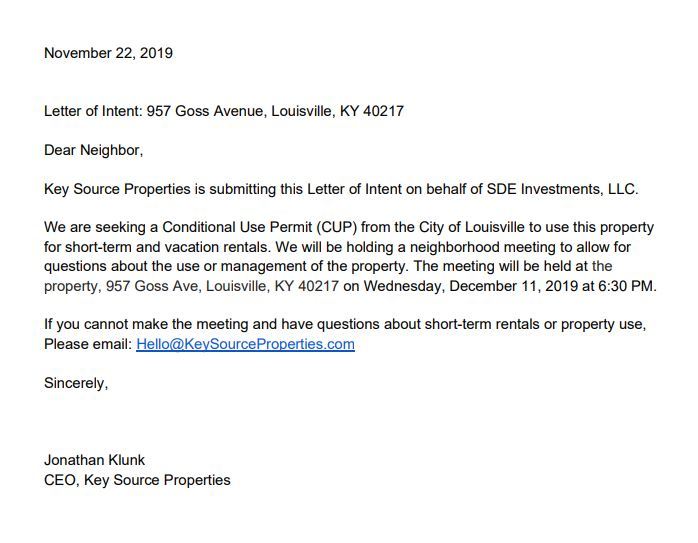 Neighbor meeting notice re 957 Goss