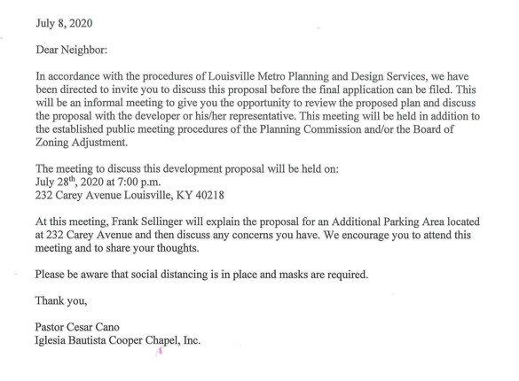 Neighbor meeting notice re 232 Carey Avenue