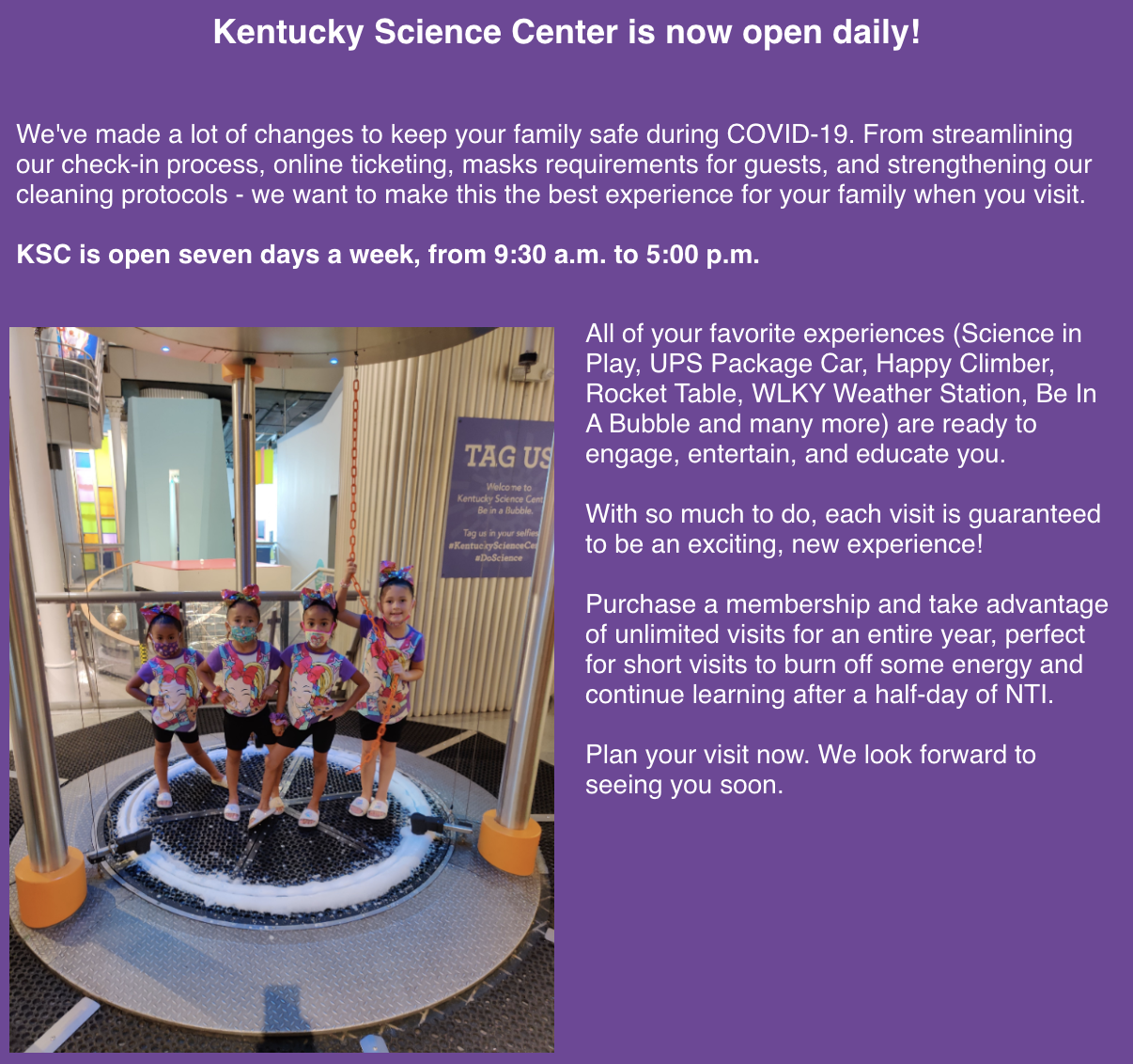 KY Science Center now open daily