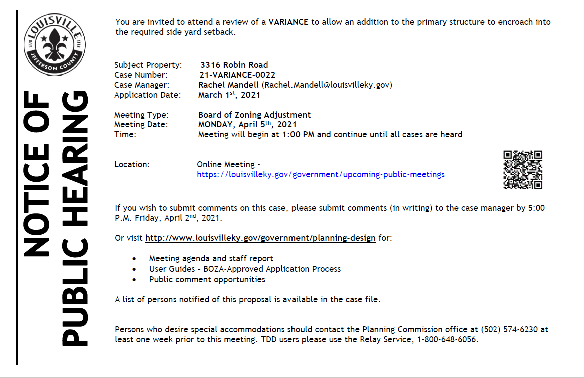 BOZA notice Robin Road