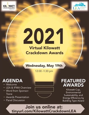 Illustration of lightbulb with the words ' 2021 Virtual Kilowatt Crackdown Awards Wednesday May 19th 12:00-1:30 pm" written across it