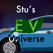 illustration of a blue electric car; text reads "Stu's EV Universe" - "EV" green in a leaflike lettering