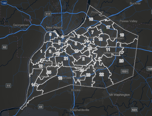 GIS Map of Louisville Metro that shows proposed boundaries for new council districts