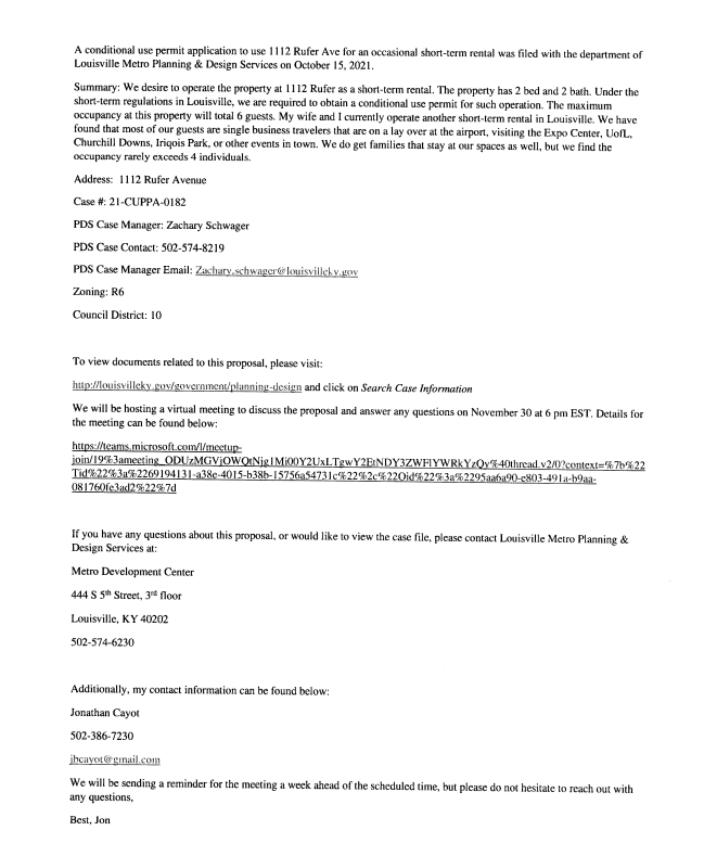 neighbor letter 1112 Rufer Ave