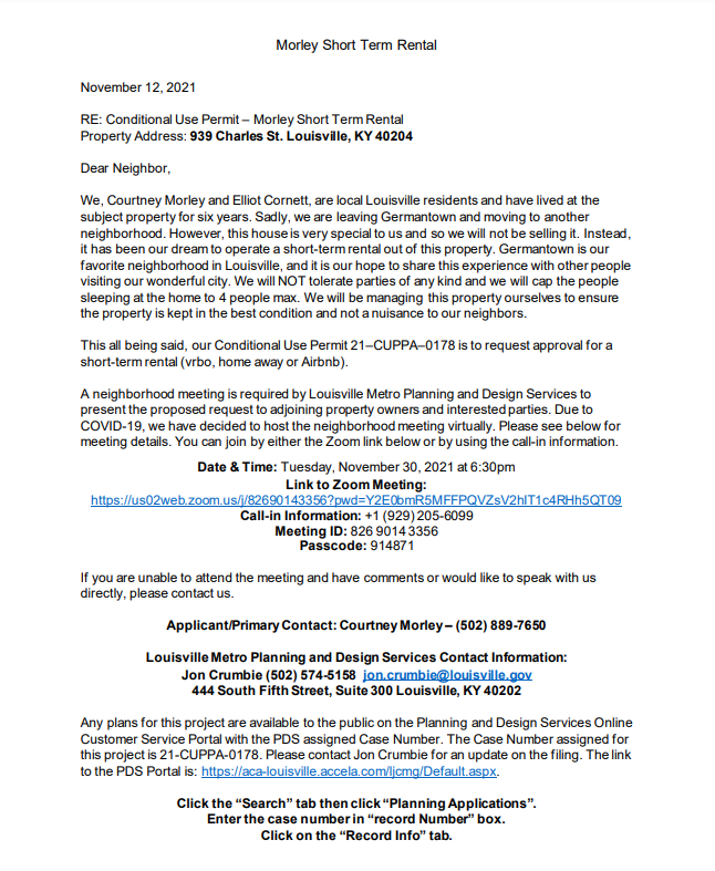 Neighbor letter re 939 Charles