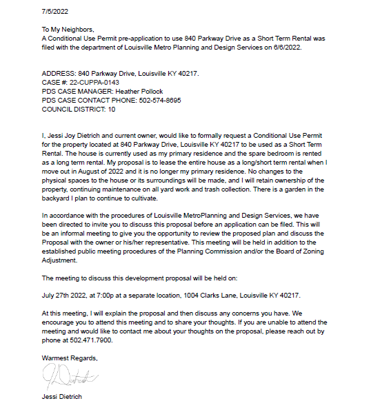 840 Parkway Drive neighbor letter