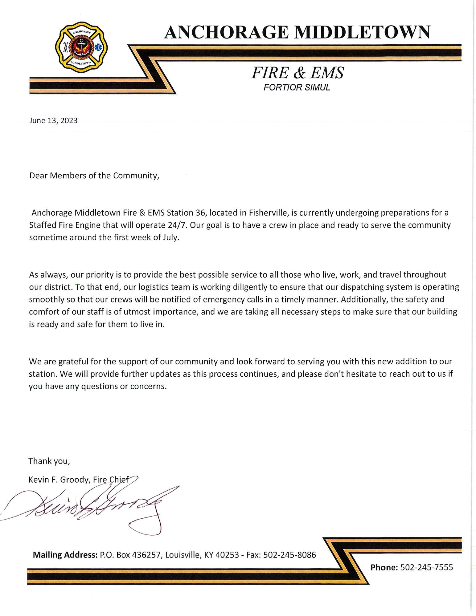 OFFICIAL LETTER FROM CHIEF GROODY REGARDING THE RETURN OF FIRE APPARATUS  SERVICE TO 15000 TAYLORSVILLE RD (formerly Eastwood Fire Department Station  2)