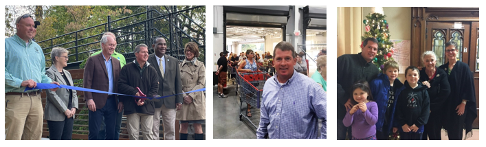 photos of Pat at Jim King Trail ribbon cutting, Costco opening, and at St. John Center