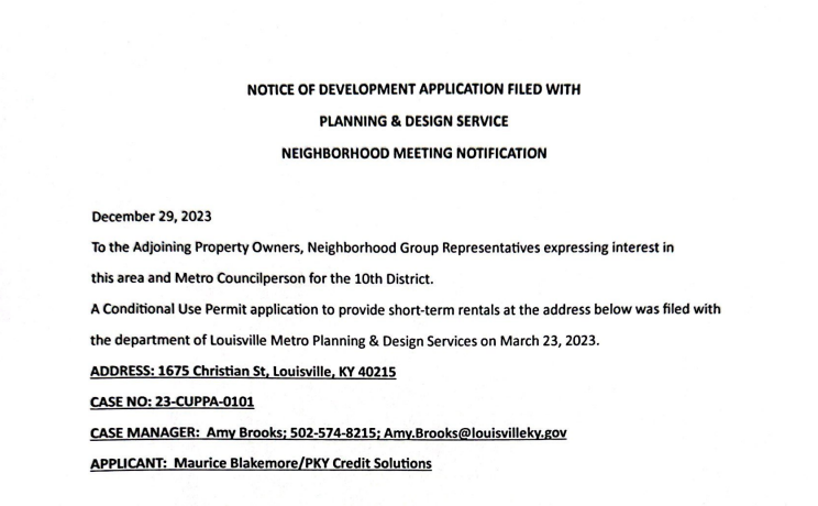 1675 Christian Street neighbor notice for 1 16 