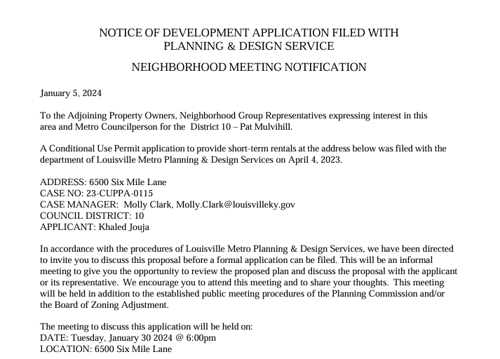 6500 Six Mile Lane neighbor letter 1