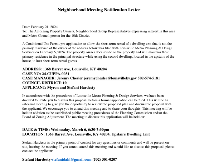 neighbor letter re 1368 Barret Ave STR