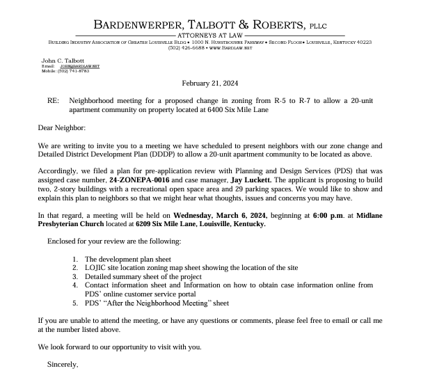 6400 Six Mile Lane neighbor meeting page 1
