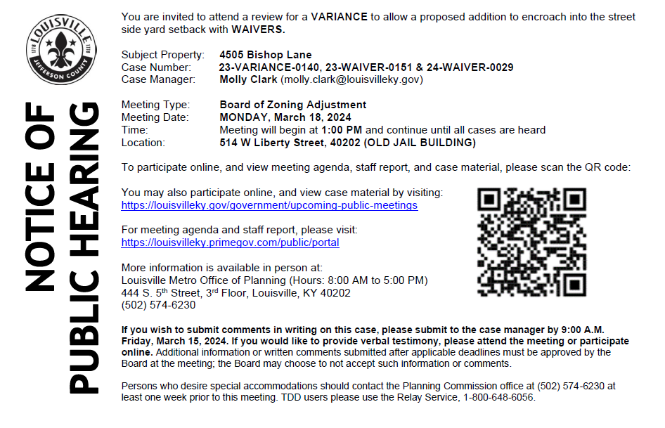 BOZA notice 4505 Bishop Lane