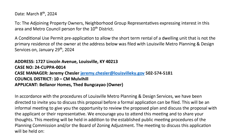 1727 Lincoln Avenue top of neighbor letter