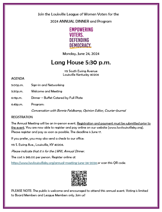 Louisville League of Women Voters 2024 Annual Dinner & Program