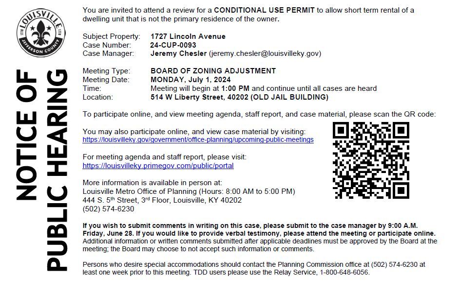 1727 Lincoln Avenue BOZA notice for 7 1 meeting