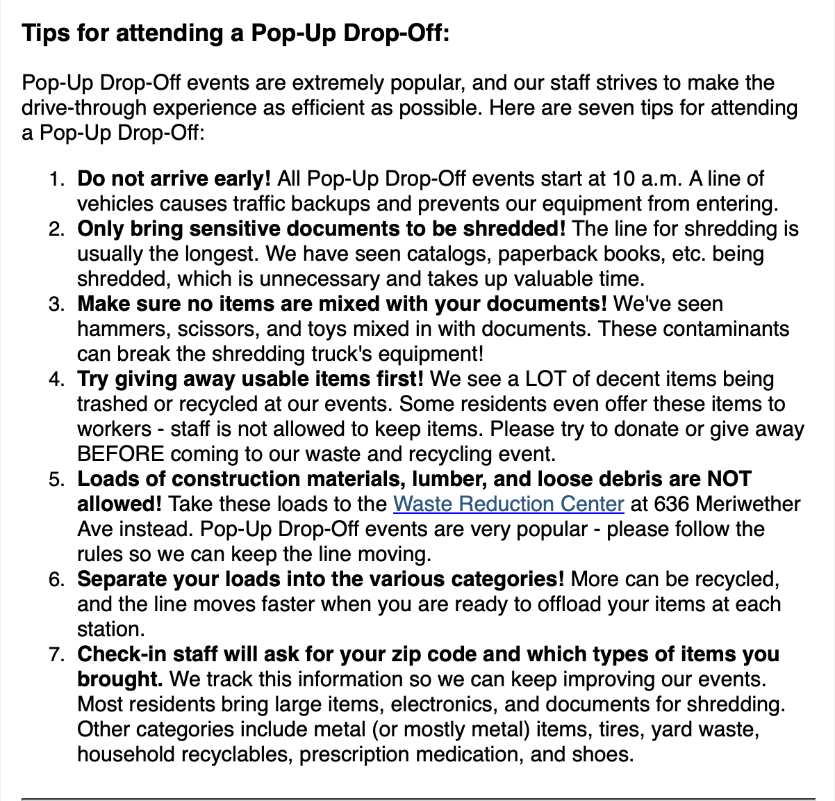 Pop Up Drop Off tips