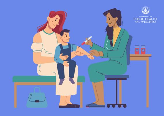 Get Vaccinated -- Image shows a little boy with his mom getting vaccinated