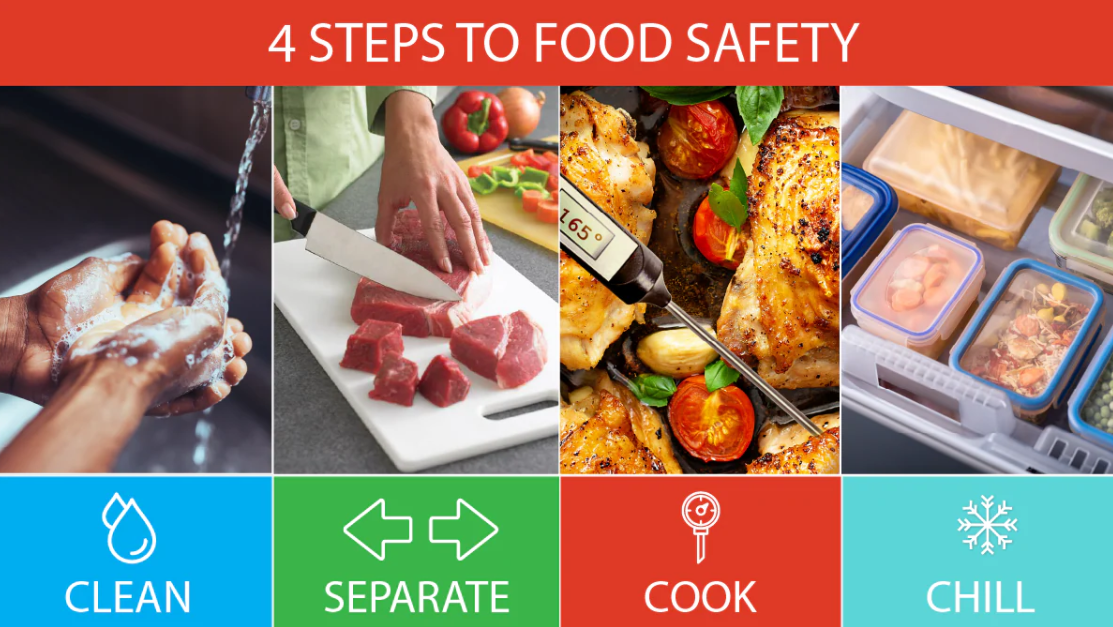 4 steps to food safety: Clean, separate, cook, chill